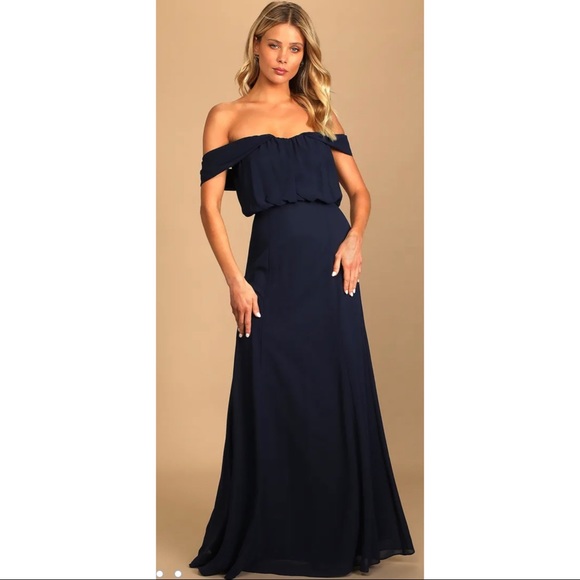 NWT Lulu’s Enduring Love Navy Blue Off-the-Shoulder Maxi Formal Dress - Picture 2 of 16